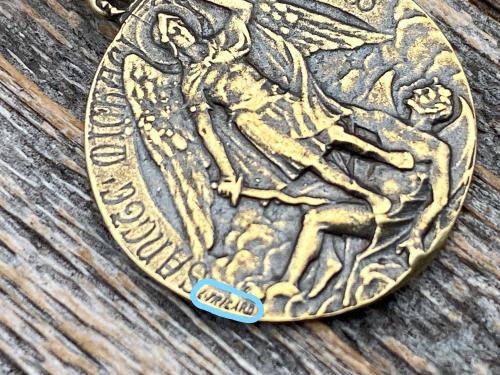 Antique Gold St Michael Medal Pendant Necklace, Rare French Antique Replica, Artist Louis Tricard, Ora Pro Nobis, Saint Michael Pray for Us