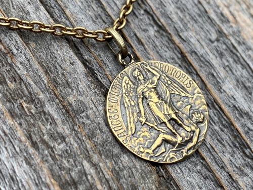 Antique Gold St Michael Medal Pendant Necklace, Rare French Antique Replica, Artist Louis Tricard, Ora Pro Nobis, Saint Michael Pray for Us