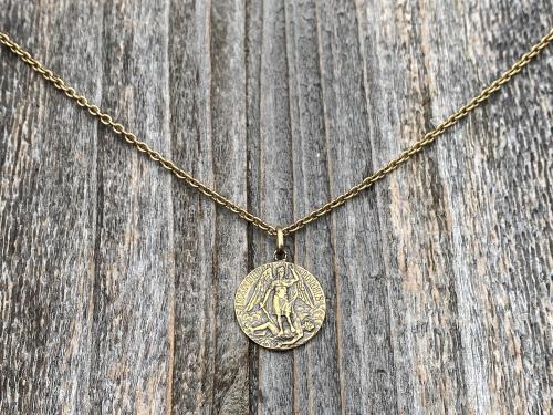 Antique Gold St Michael Medal Pendant Necklace, Rare French Antique Replica, Artist Louis Tricard, Ora Pro Nobis, Saint Michael Pray for Us