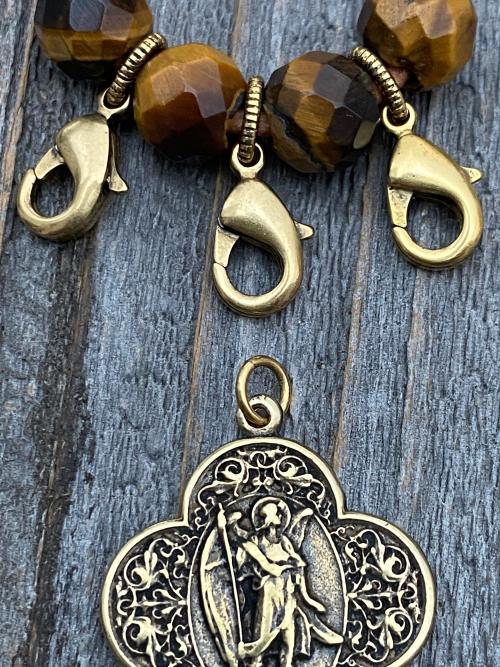 Leather Loop with Yellow Tigereye Gemstones and Lobster Clasps to Attach Antique Gold Medals, Crosses and Crucifixes, Keychain for Medals