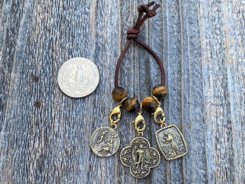 Leather Loop with Yellow Tigereye Gemstones and Lobster Clasps to Attach Antique Gold Medals, Crosses and Crucifixes, Keychain for Medals