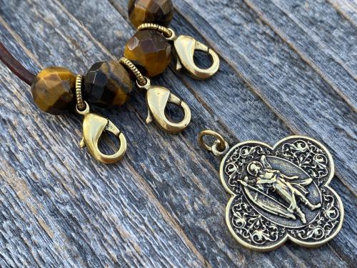 Leather Loop with Yellow Tigereye Gemstones and Lobster Clasps to Attach Antique Gold Medals, Crosses and Crucifixes, Keychain for Medals