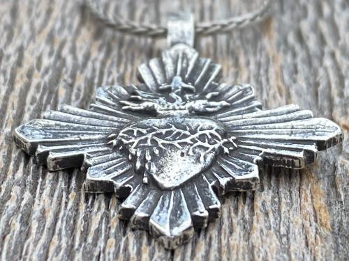 Sterling Silver Sacred Heart Medallion & Necklace, French Antique Replica, Radiant Sacred Heart Medal, Large Sacred Heart of Jesus Pendant