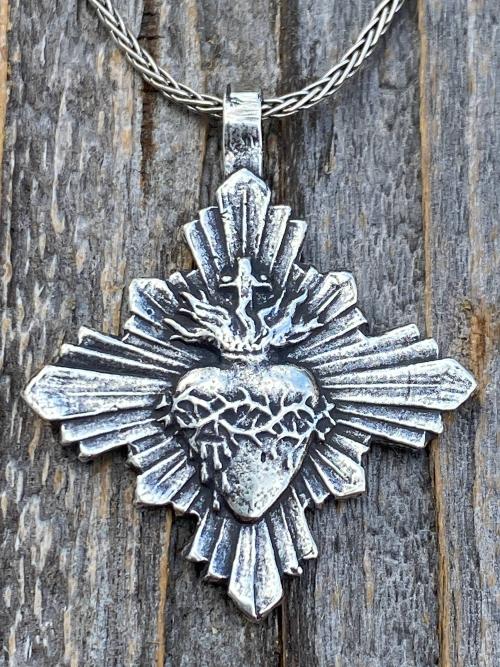 Sterling Silver Sacred Heart Medallion & Necklace, French Antique Replica, Radiant Sacred Heart Medal, Large Sacred Heart of Jesus Pendant