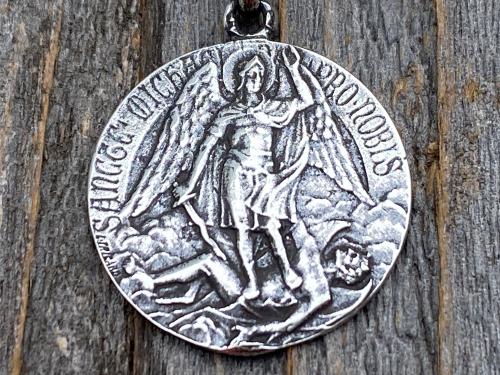 Sterling Silver St Michael Medal Pendant Necklace, Rare French Antique Replica, Artist L Tricard, Ora Pro Nobis, Saint Michael Pray for Us