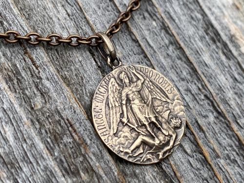 Bronze St Michael Medal Pendant Necklace, Rare French Antique Replica, Artist Tricard, Sancte Michael Ora Pro Nobis, St Michael Pray for Us