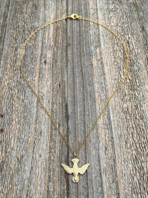 Gold Holy Spirit Dove Pendant Necklace, French Antique Replica, Descending Dove Pendant, Descending Holy Spirit Dove, Holy Spirit Necklace