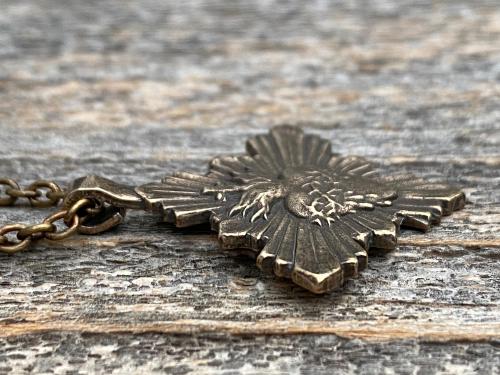 Bronze Sacred Heart Pendant and Necklace, French Antique Replica, Radiant Sacred Heart Medal, Large Sacred Heart of Jesus Pendant, Stunning!