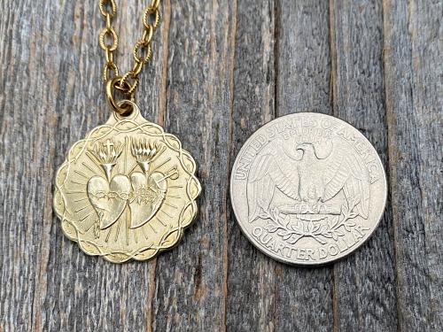 Gold Sacred Heart of Jesus and Immaculate Heart of Mary Medal Pendant Necklace, Antique Replica, Twin Hearts Medal Pendant, Catholic Medal