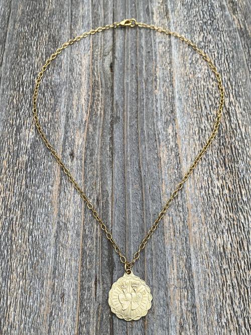 Gold Sacred Heart of Jesus and Immaculate Heart of Mary Medal Pendant Necklace, Antique Replica, Twin Hearts Medal Pendant, Catholic Medal