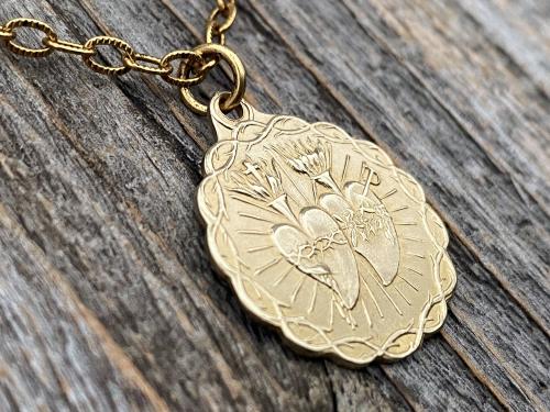 Gold Sacred Heart of Jesus and Immaculate Heart of Mary Medal Pendant Necklace, Antique Replica, Twin Hearts Medal Pendant, Catholic Medal