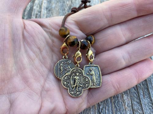 Leather Loop with Yellow Tigereye Gemstones and Lobster Clasps to Attach Antique Gold Medals, Crosses and Crucifixes, Keychain for Medals