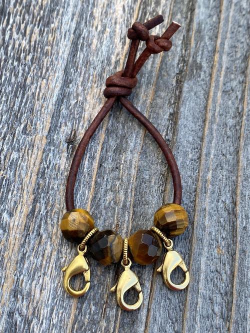 Leather Loop with Yellow Tigereye Gemstones and Lobster Clasps to Attach Antique Gold Medals, Crosses and Crucifixes, Keychain for Medals