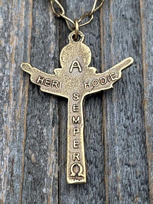 Antique Gold Trinity Crucifix Pendant and Necklace, Antique Replica, Father Son and Holy Spirit 3-in-1 Crucifix, Latin "A HERI HODIE SEMPER"