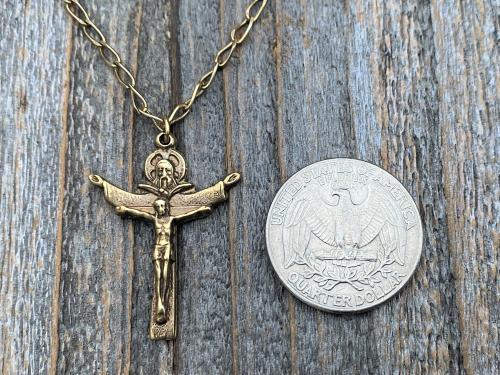 Antique Gold Trinity Crucifix Pendant and Necklace, Antique Replica, Father Son and Holy Spirit 3-in-1 Crucifix, Latin "A HERI HODIE SEMPER"