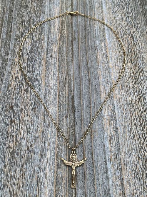Antique Gold Trinity Crucifix Pendant and Necklace, Antique Replica, Father Son and Holy Spirit 3-in-1 Crucifix, Latin "A HERI HODIE SEMPER"