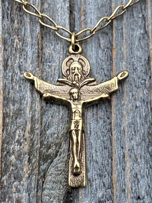 Antique Gold Trinity Crucifix Pendant and Necklace, Antique Replica, Father Son and Holy Spirit 3-in-1 Crucifix, Latin "A HERI HODIE SEMPER"