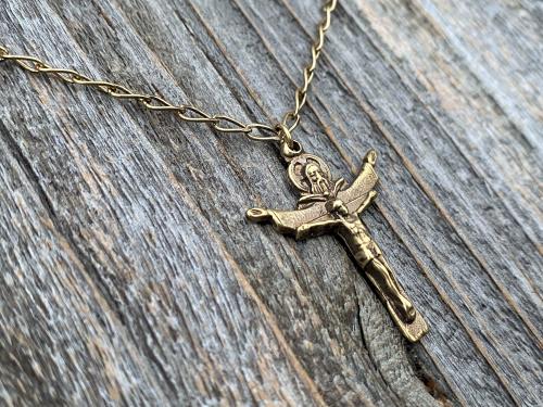 Antique Gold Trinity Crucifix Pendant and Necklace, Antique Replica, Father Son and Holy Spirit 3-in-1 Crucifix, Latin "A HERI HODIE SEMPER"