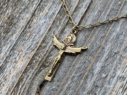 Antique Gold Trinity Crucifix Pendant and Necklace, Antique Replica, Father Son and Holy Spirit 3-in-1 Crucifix, Latin "A HERI HODIE SEMPER"