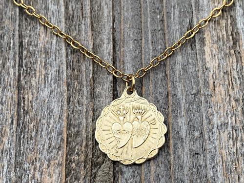 Gold Sacred Heart of Jesus and Immaculate Heart of Mary Medal Pendant Necklace, Antique Replica, Twin Hearts Medal Pendant, Catholic Medal