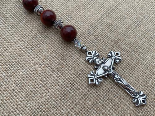 Sterling Silver Divine Mercy Chaplet Rosary, Antique Replica Large Medals, Jasper Gemstones, Swarovski Crystals, One of a Kind Artisan Piece