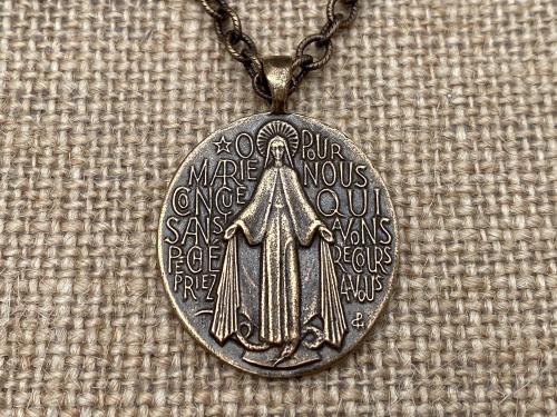 Bronze French Miraculous Medal Pendant, Adjustable Length Necklace, Antique Replica, Blessed Virgin Mary Medal,  Medallion from France, MM1