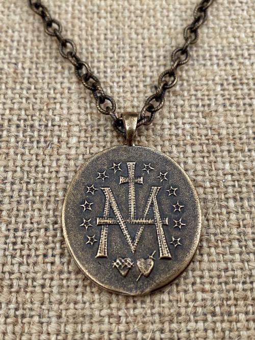 Bronze French Miraculous Medal Pendant, Adjustable Length Necklace, Antique Replica, Blessed Virgin Mary Medal,  Medallion from France, MM1