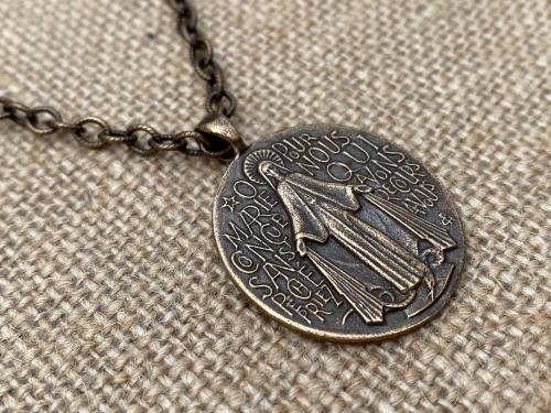 Bronze French Miraculous Medal Pendant, Adjustable Length Necklace, Antique Replica, Blessed Virgin Mary Medal,  Medallion from France, MM1