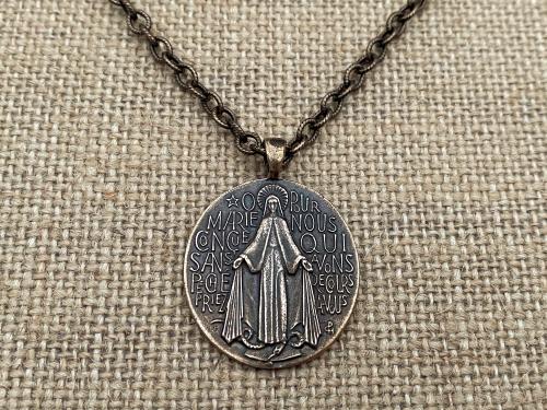 Bronze French Miraculous Medal Pendant, Adjustable Length Necklace, Antique Replica, Blessed Virgin Mary Medal,  Medallion from France, MM1