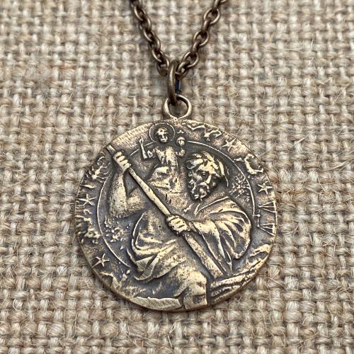 Bronze St. Saint Christopher Medal, Antique Replica, Pendant Necklace, Patron Saint of Travelers Traveling, Automobile, Confirmation Gift