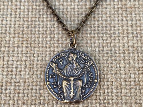 Bronze Notre Dame du Rosaire, Our Lady of the Rosary Pray for Us, Antique Replica, Medal Pendant Necklace, French Art Nouveau Marian Medal