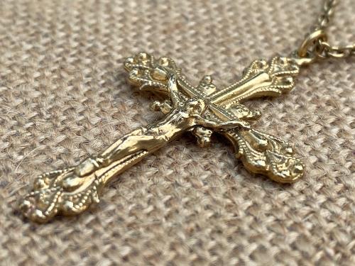 Gold Crucifix Pendant, Antique Replica, Gold Crucifix Necklace, Elegant Vintage Crucifix, Cable Chain Necklace, Dressy Gold Crucifix Pendant