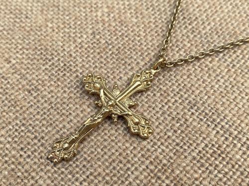 Gold Crucifix Pendant, Antique Replica, Gold Crucifix Necklace, Elegant Vintage Crucifix, Cable Chain Necklace, Dressy Gold Crucifix Pendant