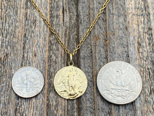 Gold St Michael Medal Pendant Necklace, Rare French Antique Replica, Artist Tricard, Ora Pro Nobis, Saint Michael the Archangel Pray for Us