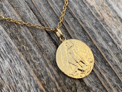 Gold St Michael Medal Pendant Necklace, Rare French Antique Replica, Artist Tricard, Ora Pro Nobis, Saint Michael the Archangel Pray for Us