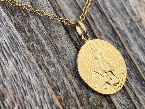 Gold St Michael Medal Pendant Necklace, Rare French Antique Replica, Artist Tricard, Ora Pro Nobis, Saint Michael the Archangel Pray for Us