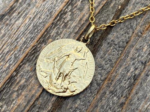 Gold St Michael Medal Pendant Necklace, Rare French Antique Replica, Artist Tricard, Ora Pro Nobis, Saint Michael the Archangel Pray for Us