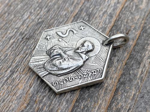 Large Sterling Silver Saint Francis of Assisi Blessing Prayer Medal, Italian Antique Replica, Pendant Necklace, Hexagon-Shaped Big Medal 925