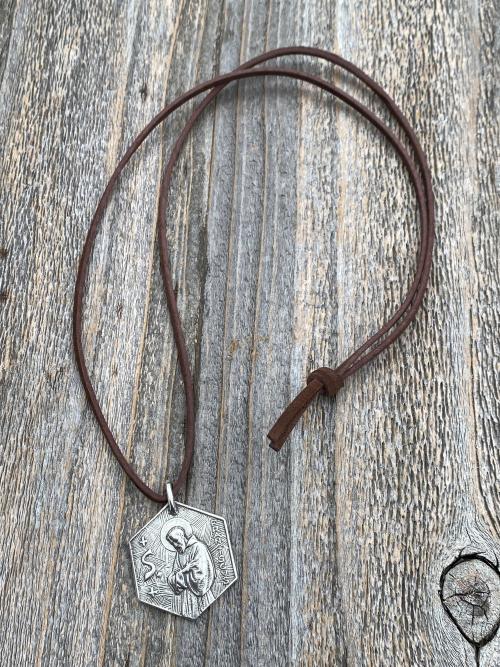 Large Sterling Silver Saint Francis of Assisi Blessing Prayer Medal, Italian Antique Replica, Pendant Necklace, Hexagon-Shaped Big Medal 925