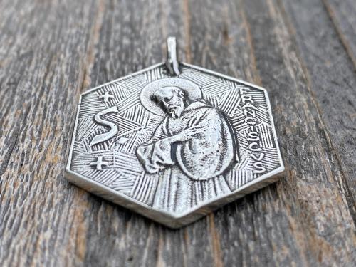 Large Sterling Silver Saint Francis of Assisi Blessing Prayer Medal, Italian Antique Replica, Pendant Necklace, Hexagon-Shaped Big Medal 925