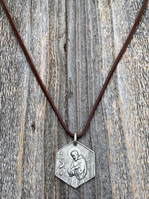 Large Sterling Silver Saint Francis of Assisi Blessing Prayer Medal, Italian Antique Replica, Pendant Necklace, Hexagon-Shaped Big Medal 925