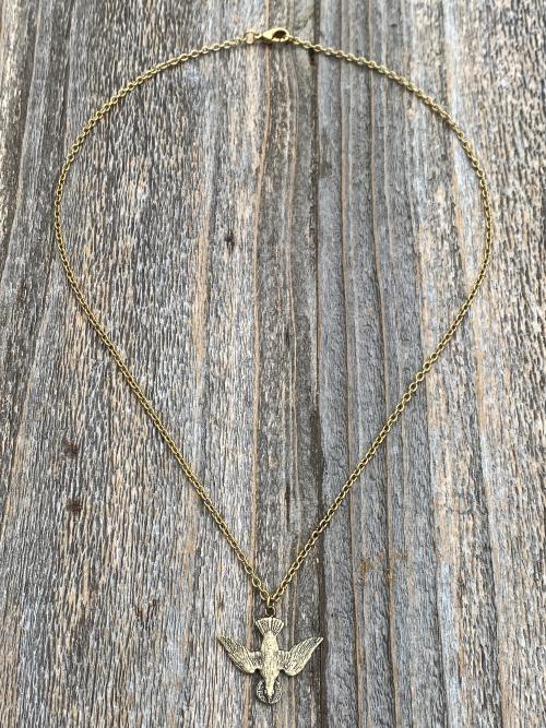 Antique Gold Holy Spirit Dove Pendant Necklace, French Antique Replica, Descending Dove Pendant, Descending Holy Spirit Dove Necklace, Bird