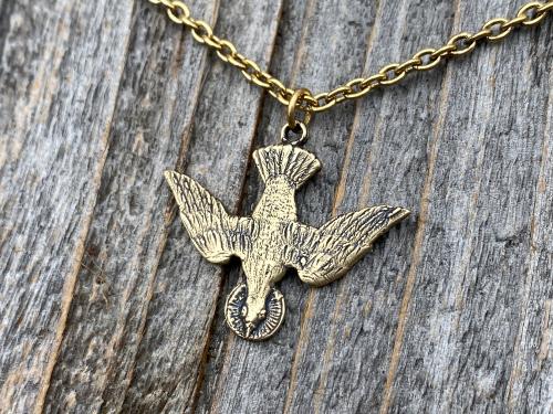 Antique Gold Holy Spirit Dove Pendant Necklace, French Antique Replica, Descending Dove Pendant, Descending Holy Spirit Dove Necklace, Bird