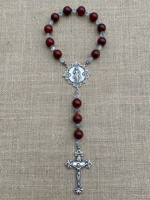 Sterling Silver Divine Mercy Chaplet Rosary, Antique Replica Large Medals, Jasper Gemstones, Swarovski Crystals, One of a Kind Artisan Piece