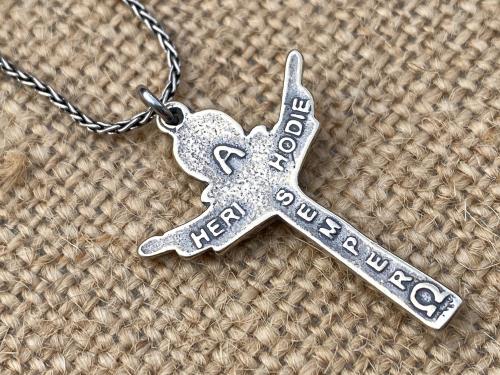 Sterling Silver Trinity Crucifix Pendant Necklace, Antique Replica, Father Son and Holy Spirit 3-in-1 Crucifix, Latin "A HERI HODIE SEMPER"