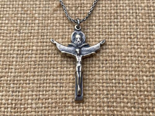 Sterling Silver Trinity Crucifix Pendant Necklace, Antique Replica, Father Son and Holy Spirit 3-in-1 Crucifix, Latin "A HERI HODIE SEMPER"