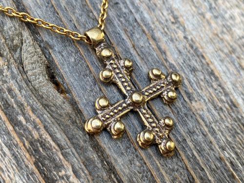 Antique Gold Coptic Trinity Cross Pendant, Gold Chain or Leather Cord Necklace, Antique Replica from 19th C, Large Christian Cross Pendant