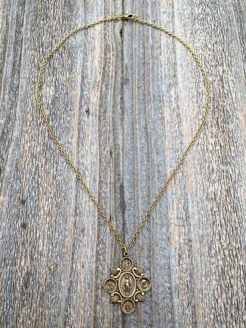 Antique Gold Miraculous Medal Pendant Necklace, 5-Way Marian Devotions Medallion, Antique Replica, Rare Blessed Virgin Mary Miraculous