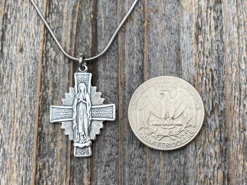 Sterling Silver Blessed Virgin Mary Medal Pendant Necklace, Antique Replica, Radiant Our Lady Medal, Our Lady of the Rosary Pendant, Cross