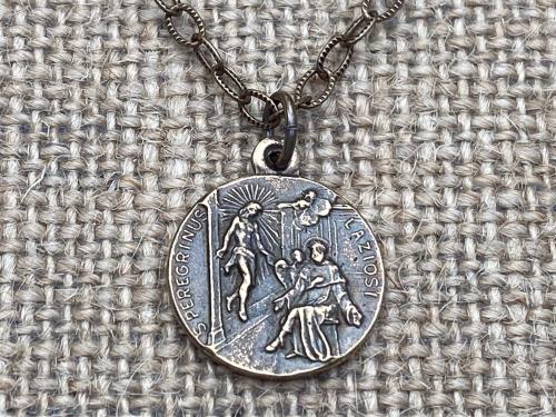Bronze St. Peregrine Laziosi Medal Pendant Necklace, Patron Saint of Cancer, Saint Peregrinus, St Pellegrino, Delicate Textured Cable Chain
